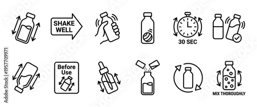 Set of shake well before use icons in a minimalist line art style illustrating the proper steps for mixing liquids, medicine, or supplements in a bottle