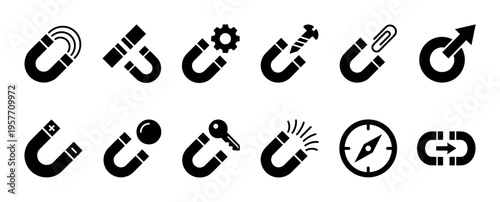 Set of black magnet and attraction glyph icons representing business concepts like lead generation, customer retention, and inbound marketing in a simple flat vector style