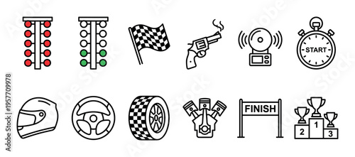 Set of black line art icons for car racing and competition themes, including a starting light, checkered flag, helmet, steering wheel, tire, engine, finish line, and winner's podium