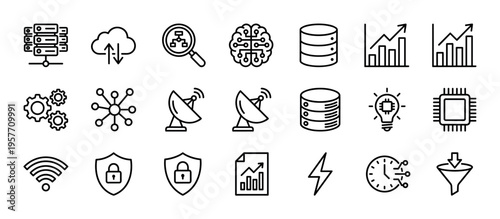 Set of black thin line icons representing big data, technology, and business concepts like server, cloud computing, database, security, analytics, and artificial intelligence