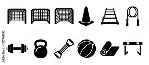 Black sports and fitness equipment icon set with a soccer goal, dumbbell, kettlebell, and jump rope in a minimalist glyph style for training and workout concepts
