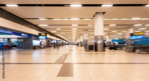 Blurred motion of people walking in a modern airport terminal.