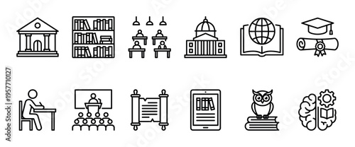Set of black line icons representing education and learning, with symbols for university, library, classroom, graduation, studying, wisdom, and e-learning in a clean outline style