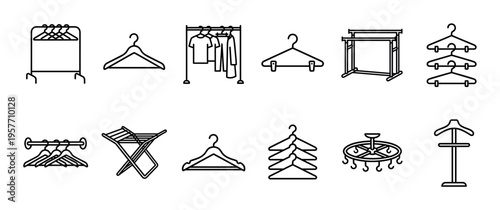 Collection of black line art icons depicting various clothes hangers, clothing racks, and laundry drying stands in a minimalist vector style for wardrobe and fashion concepts