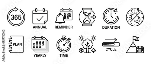 Set of black line icons representing time management, planning, and scheduling concepts like annual, reminder, duration, cycle, and yearly goals for business and project organization