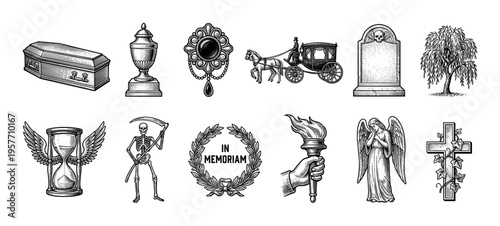Vintage collection of funeral and memorial symbols in a black and white engraving style, including a coffin, hearse, tombstone, weeping angel, and grim reaper