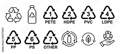 Set of black recycling symbols and plastic identification codes for waste management, including PETE, HDPE, PVC, LDPE, PP, PS, and OTHER for packaging labels and material sorting