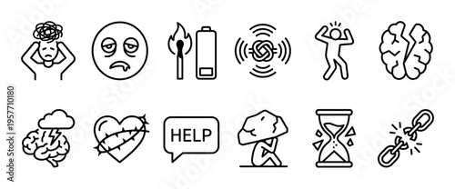 Set of black line icons representing mental health issues like stress, anxiety, depression, and burnout, with symbols for exhaustion, pressure, and emotional pain