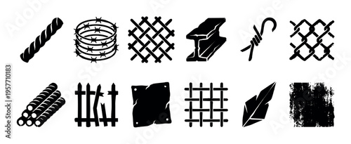 Set of black industrial and construction icons featuring barbed wire, steel beam, fence, rebar, and grunge textures in a vector silhouette graphic style