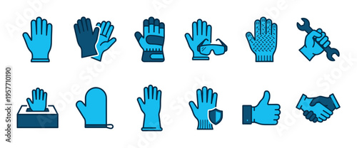 Blue line icons set of protective gloves for work, safety, and hygiene, including various hand gestures like a handshake and thumbs up, presented in a simple vector style