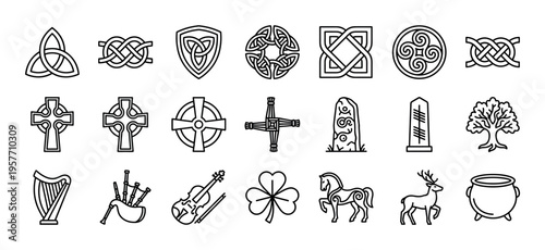 Collection of black line art Celtic symbols and Irish cultural icons including the triquetra, cross, shamrock, harp, and tree of life in a minimalist vector illustration set