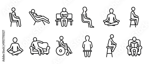 Set of black line icons depicting people sitting in various poses on chairs, benches, and a wheelchair, illustrating concepts of waiting, relaxation, and meditation