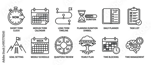 Set of black line icons for time management and planning, featuring symbols for goal setting, scheduling, daily tasks, and long-term strategy in a clean vector illustration