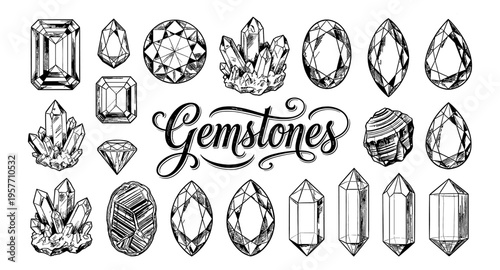 Collection of hand-drawn gemstones and crystals in various cuts and formations
