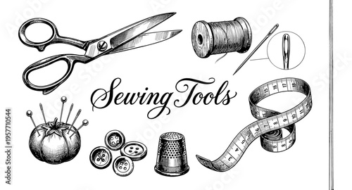 Collection of vintage sewing tools and notions arranged artistically on a white background