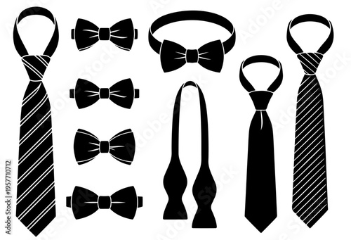An elegant collection of men's ties and bow ties. Vector silhouette illustration. Black and white image.