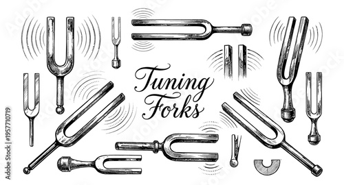 Collection of vintage tuning forks with sound waves, rendered in a detailed engraving style