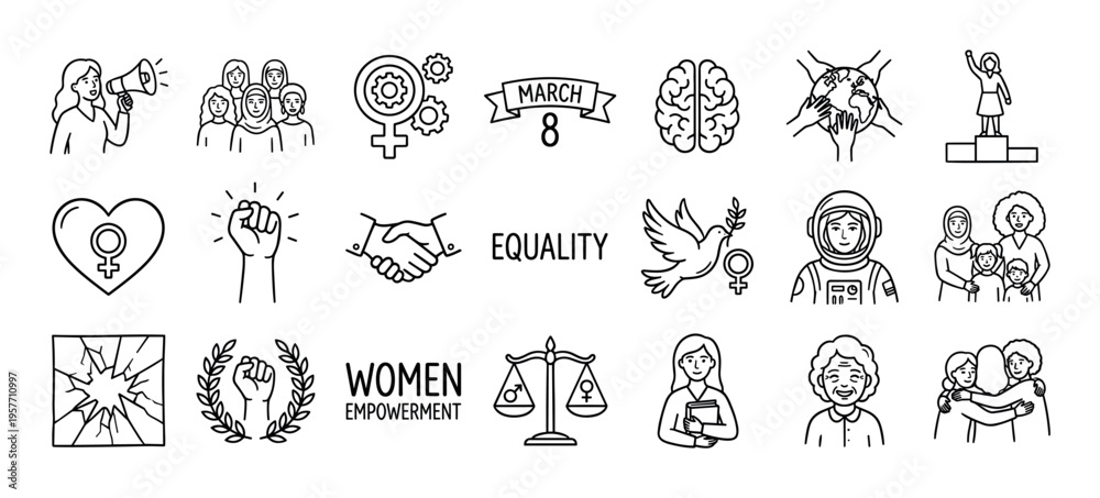 Obraz premium Collection of hand-drawn feminist icons representing women's empowerment, gender equality, sisterhood, and activism in a simple black and white minimalist line art illustration set