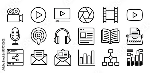 Collection of thin line media icons for content creation, including symbols for video, podcast, writing, social media, email marketing, and data analytics in a minimalist style