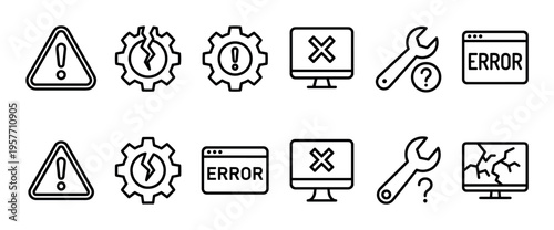 Set of thin line error icons representing system failure, warnings, broken elements, and computer problems with minimalist vector symbols like gears, wrenches, and monitors