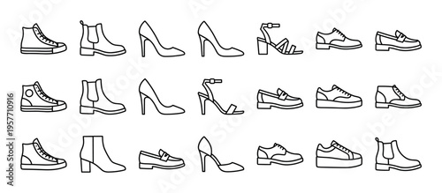 Set of various shoe and boot icons in a minimalist black line art style, showcasing a collection of men's and women's footwear like sneakers, heels, loafers, and sandals