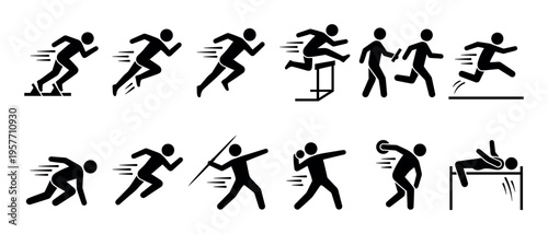 Black stick figure athlete icons set showing various track and field disciplines like running, jumping, hurdling, and throwing in a simple, dynamic, and graphic pictogram style