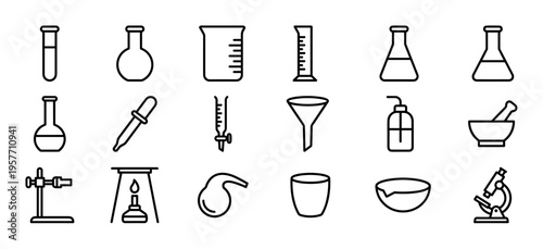 Set of laboratory equipment line art icons representing chemistry and science research with beakers, flasks, and a microscope in a minimalist graphic style for scientific concepts
