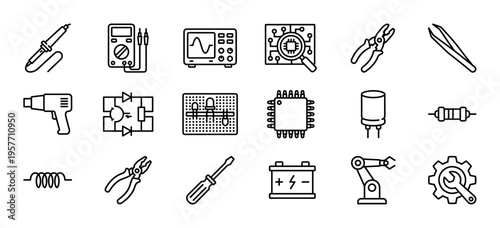 Collection of black line icons representing electronics engineering and repair tools, including a multimeter, soldering iron, oscilloscope, and various circuit components