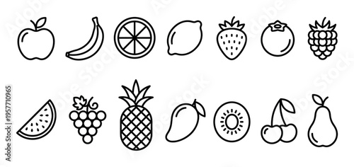 Diverse collection of outline fruit icons featuring various healthy produce like apples, bananas, oranges, strawberries, and pineapples, presented in a clean, minimalist line art style