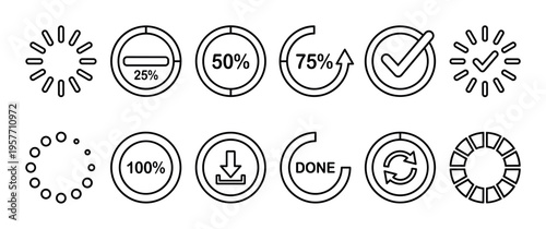 Set of black line art icons for user interface design showing loading spinners, progress bars with percentages, download, refresh, and completion status symbols in a minimalist style
