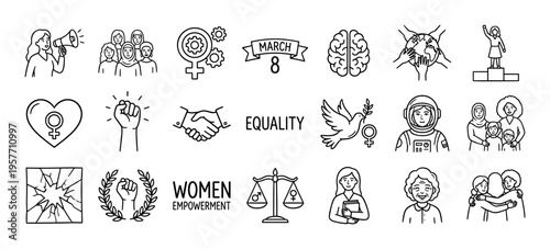 Collection of hand-drawn feminist icons representing women's empowerment, gender equality, sisterhood, and activism in a simple black and white minimalist line art illustration set