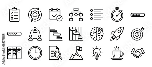 Set of black line icons for project management and business development, illustrating concepts like workflow, strategy, timeline, goals, and teamwork in a minimalist outline style