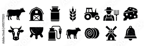 Black farm and dairy production icons set with various agricultural symbols like a cow, barn, tractor, milk can, cheese, farmer, windmill, and hay bale in a simple glyph style