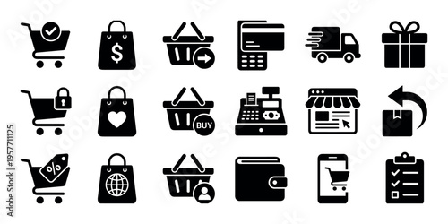 Comprehensive collection of black shopping and e-commerce icons, depicting various aspects of online retail, payment, delivery, and customer service in a modern, minimalist style