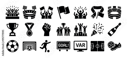 Comprehensive collection of black silhouette soccer icons representing stadium, fans, trophies, medals, celebration, and game elements in a modern graphic style