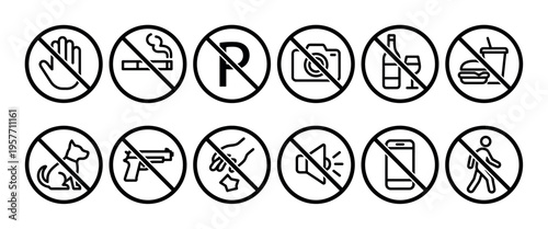 Black line art prohibition warning icons set with various forbidden activities such as no photography, no alcohol, no weapons, and no mobile phones in a simple graphic illustration