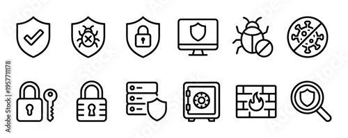 Collection of black outline cybersecurity icons representing digital protection, antivirus, firewall, data safety, and network security with minimalist shield and lock symbols