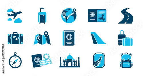 Blue travel and tourism icon set featuring an airplane, passport, luggage, globe, map, and compass for vacation and journey concepts in a flat design style