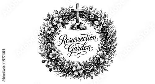 Elegant floral wreath with cross and tomb for Easter celebration
