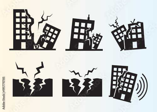 Earthquake damage and ground cracks vector illustration set