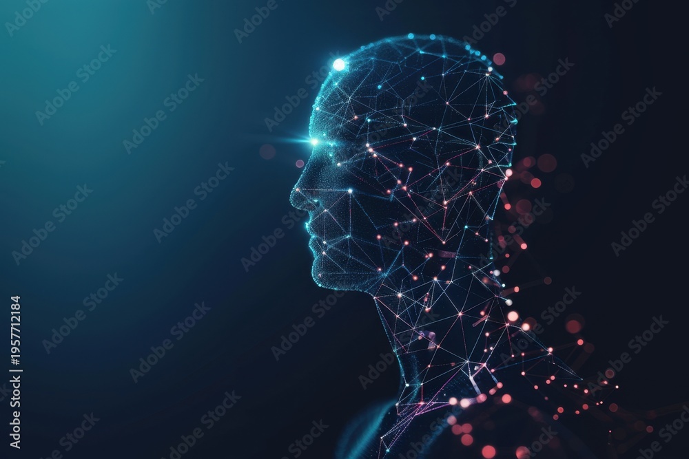 Obraz premium Digital human head composed of glowing blue nodes
