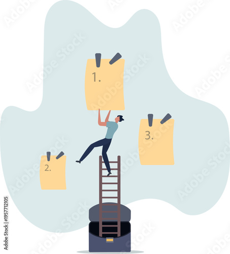 Set work priority, arrange to do list which job to do before and after, task management concept.person's life situation and his activities.