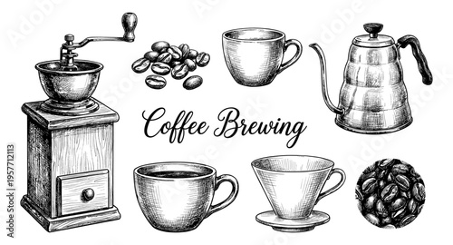 Vintage coffee brewing equipment and beans illustration for artisanal beverage preparation