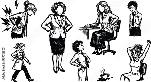 Monochrome line art women showing back pain and posture in office chairs and desk positions