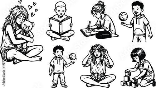Line art girl hugging teddy and children reading drawing and stacking blocks in black and white