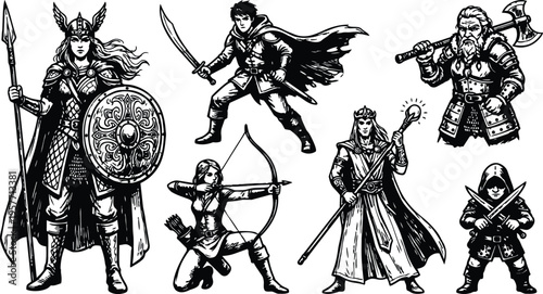 Black and white line art six fantasy characters including valkyrie archer rogue swordsman mage and viking