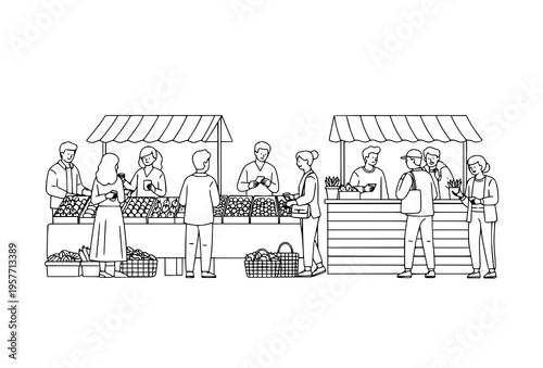 Market stall scene with people outline vector illustration featuring shopping and street vendor concept