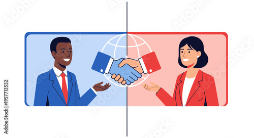 International business partners extend a warm welcome with a handshake during a global conference call.