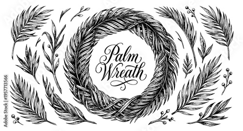 Elegant hand-drawn palm frond wreath with decorative botanical elements