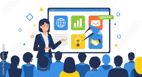 Businesswoman gives international conference presentation with call to action on screen